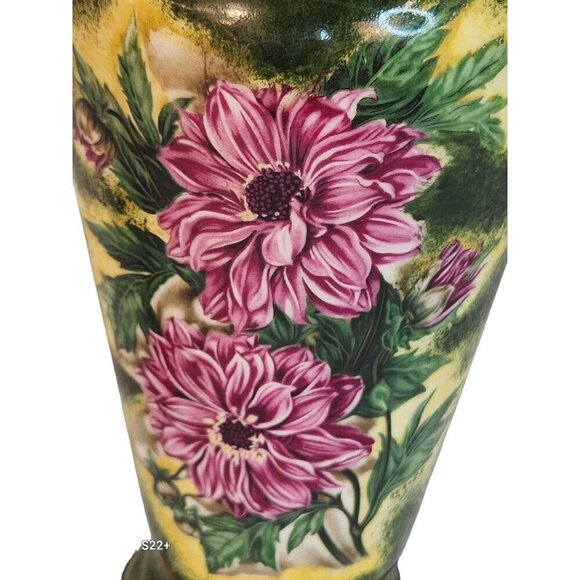 Vintage Tall Table Lamp With Brass Base Hand-Painted Floral Ceramic original fin - Picture 2 of 16